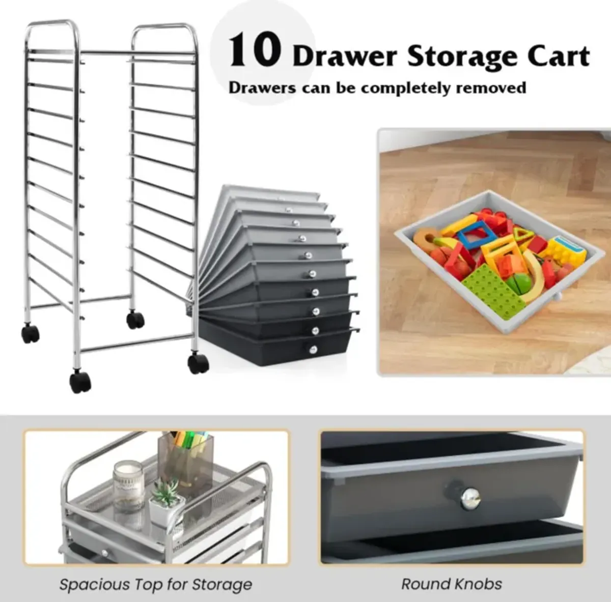 Hivvago 10 Drawer Rolling Storage Cart Organizer with 4 Universal Casters