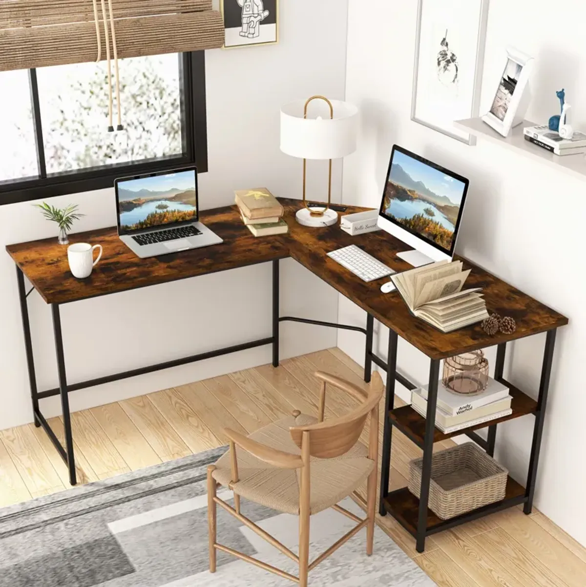 L Shaped Computer Desk with 2 Outlets and 2 USB Ports-Brown