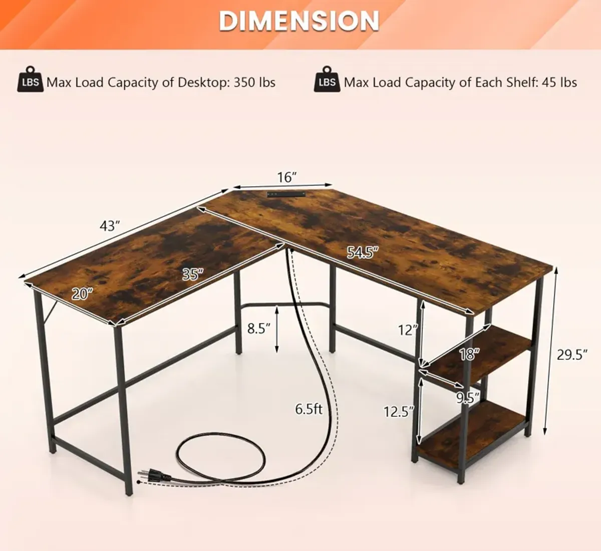 L Shaped Computer Desk with 2 Outlets and 2 USB Ports-Brown