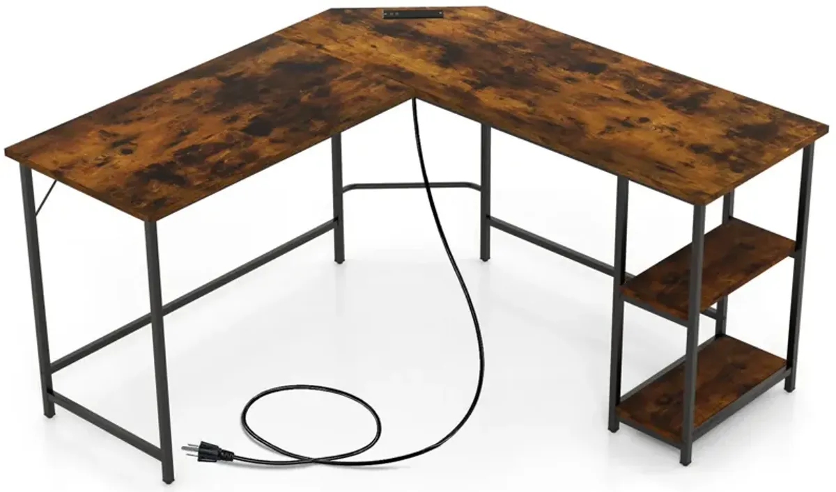 L Shaped Computer Desk with 2 Outlets and 2 USB Ports-Brown