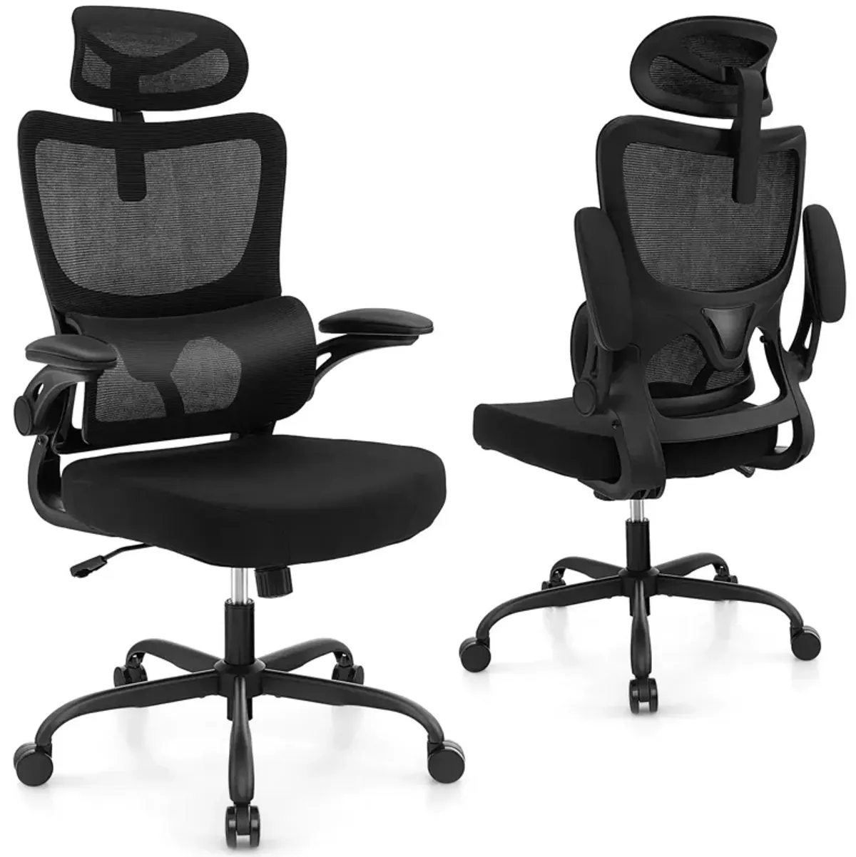 Mesh Office Chair with Adaptive Lumbar Support  Flip-up Armrests  Reclining Backrest-Black