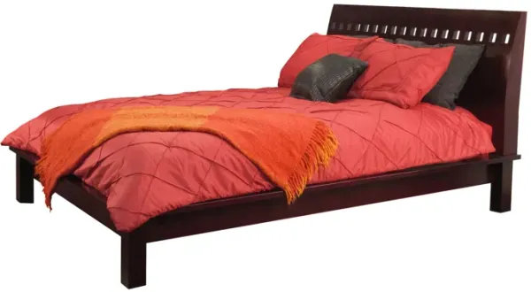 Mox Queen Platform Bed, Espresso Brown Wood, Cut Out Headboard, Block Legs - Benzara