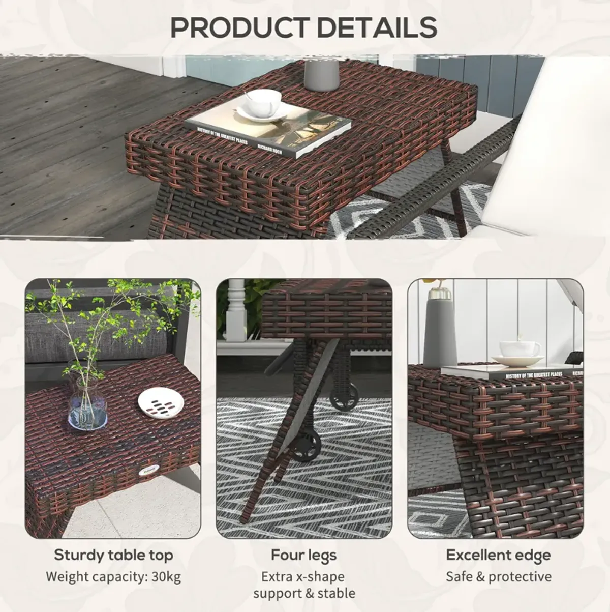 Outsunny Folding Rattan Side Table, Outdoor End Table, Hand Woven PE Rattan Coffee Table for Balcony, Backyard, Garden, Lawn, Courtyard, Brown