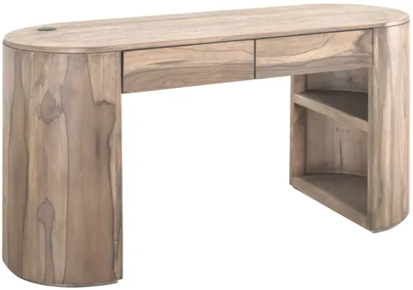 Eray Writing Desk, 2 Drawers, USB Port, Brown Teak, Mango Wood, 60 In