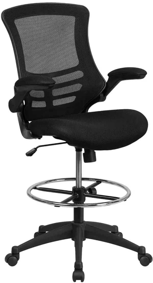 Flash Furniture Kelista Mid-Back Black Mesh Ergonomic Drafting Chair | Adjustable Foot Ring, Flip-Up Arms | Comfort and Productivity