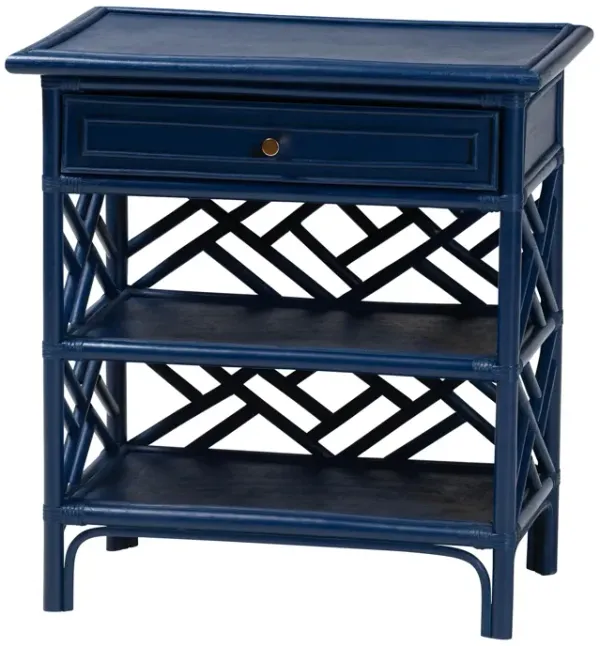 bali & pari Tiaret Natural Rattan Nightstand with Drawer and Shelves – Chippendale-Style Bedside Table for Bedroom or Coastal Living Spaces, Blue