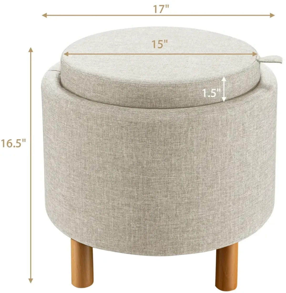 Round Fabric Storage Ottoman with Tray and Non-Slip Pads for Bedroom