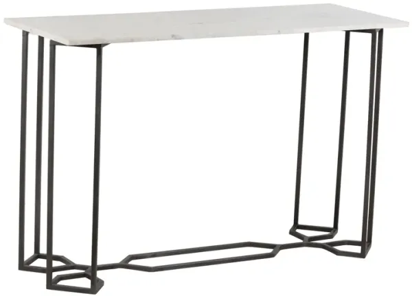 Valu 48 Inch Console Table, Rectangular White Marble Top, Black Metal Frame - Benzara