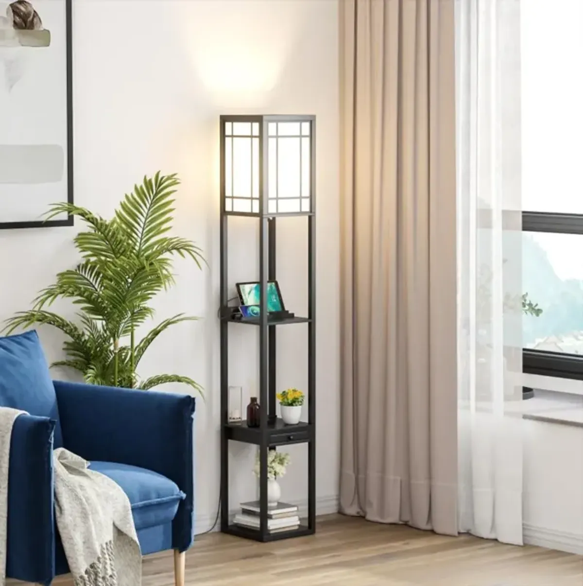 Hivvago Modern Floor Lamp with Shelves and Drawer