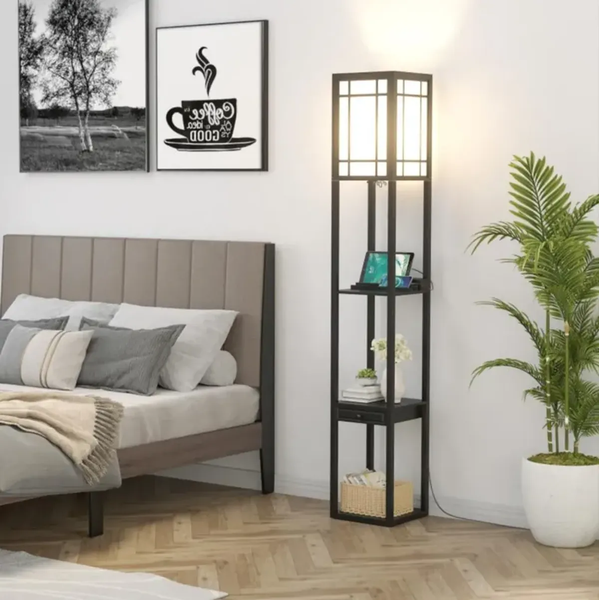 Hivvago Modern Floor Lamp with Shelves and Drawer