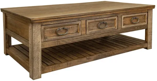 Benjara Maze 55 Inch Coffee Table with 6 Gliding Drawers, Solid Pine Wood, Light Brown