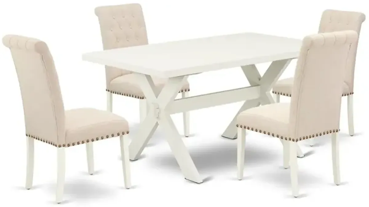 East West Furniture 5-Pc Dinette Set Included 4 Wood Dining chairs Upholstered Nails Head Seat and High Button Tufted Chair Back and Rectangular Dining room Table with Linen White Dining room Table To