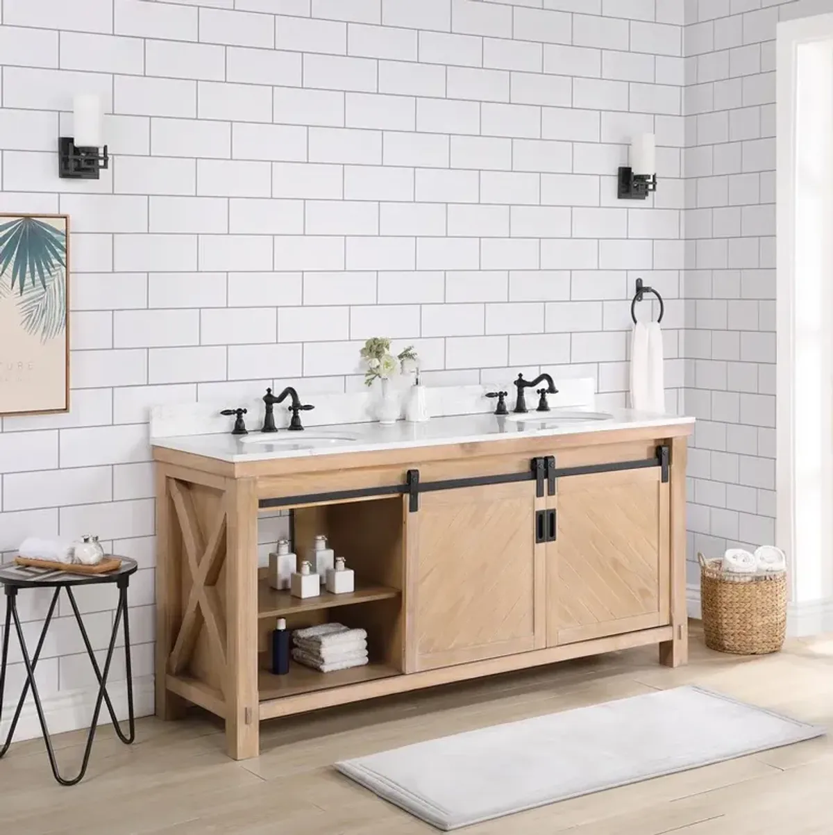 Vinnova Design Double Sink Bath Vanity in Weathered Pine with White Composite Countertop