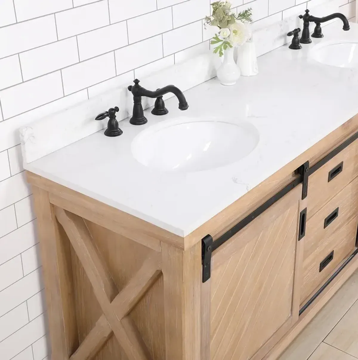 Vinnova Design Double Sink Bath Vanity in Weathered Pine with White Composite Countertop