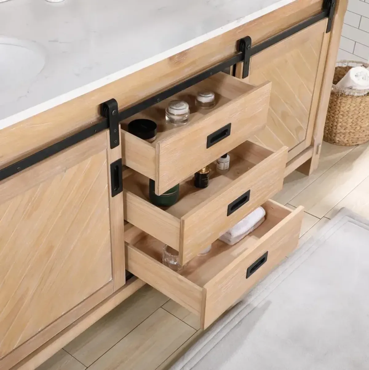 Vinnova Design Double Sink Bath Vanity in Weathered Pine with White Composite Countertop