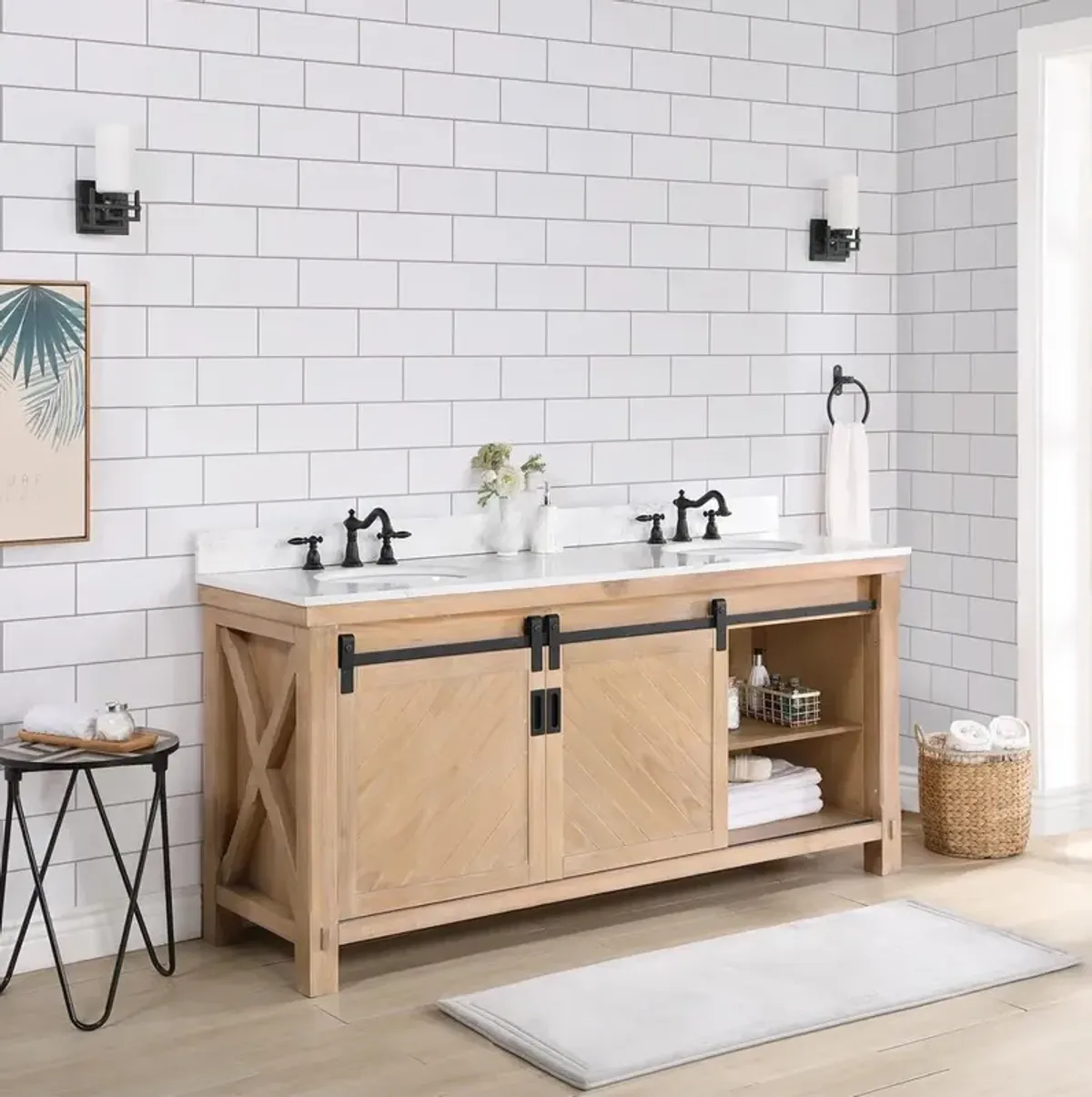 Vinnova Design Double Sink Bath Vanity in Weathered Pine with White Composite Countertop