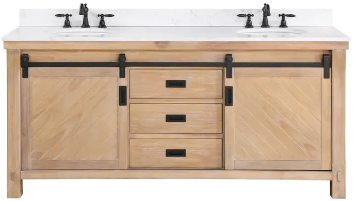Vinnova Design Double Sink Bath Vanity in Weathered Pine with White Composite Countertop