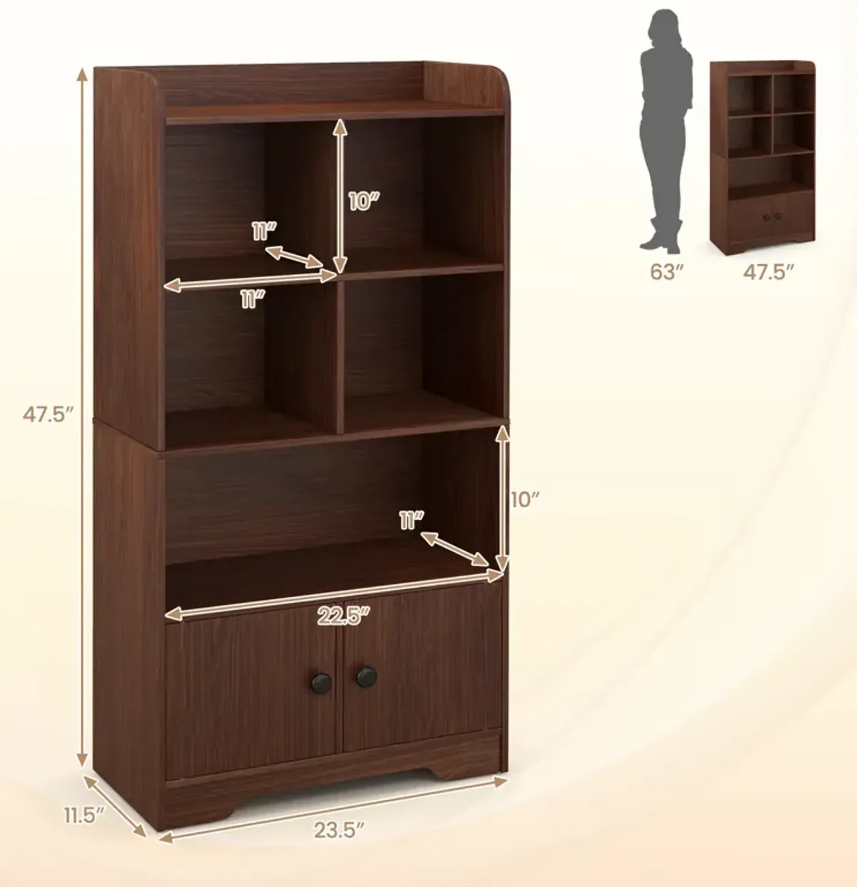 4 Tiers Bookshelf with 4 Cubes Display Shelf and 2 Doors