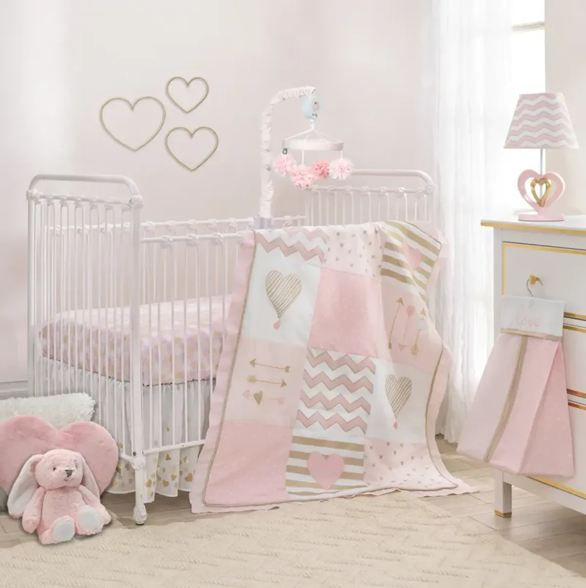 Lambs & Ivy Baby Love Pink/Gold Girl Heart 4 Piece Crib Bedding Set