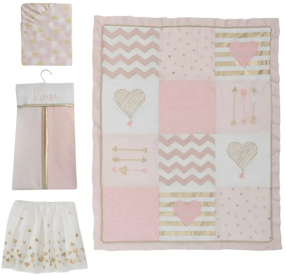 Lambs & Ivy Baby Love Pink/Gold Girl Heart 4 Piece Crib Bedding Set