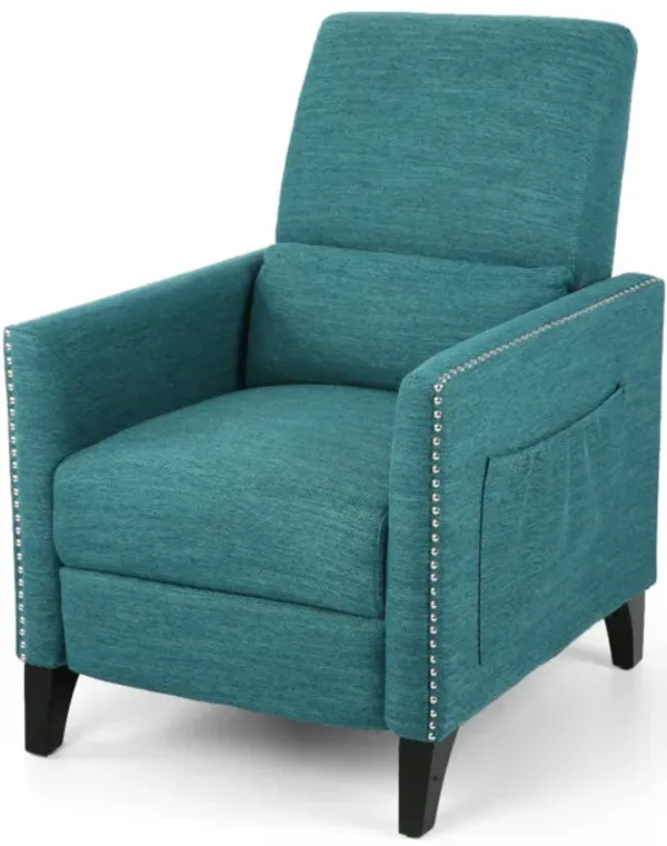 Davy Pushback Recliner Chair, Nailhead Trim, Birch Wood, Teal Fabric - Benzara