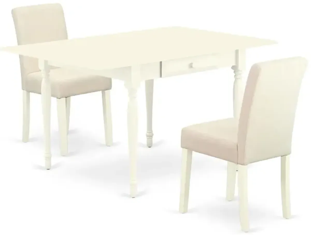 1MZAB3-LWH-02 3Pc Dining Room Table Set Consists of a Wood Dining Table and 2 Upholstered Dining Chairs with Light Beige Color Linen Fabric, Drop Leaf Table with Full Back Chairs, Linen White Finish