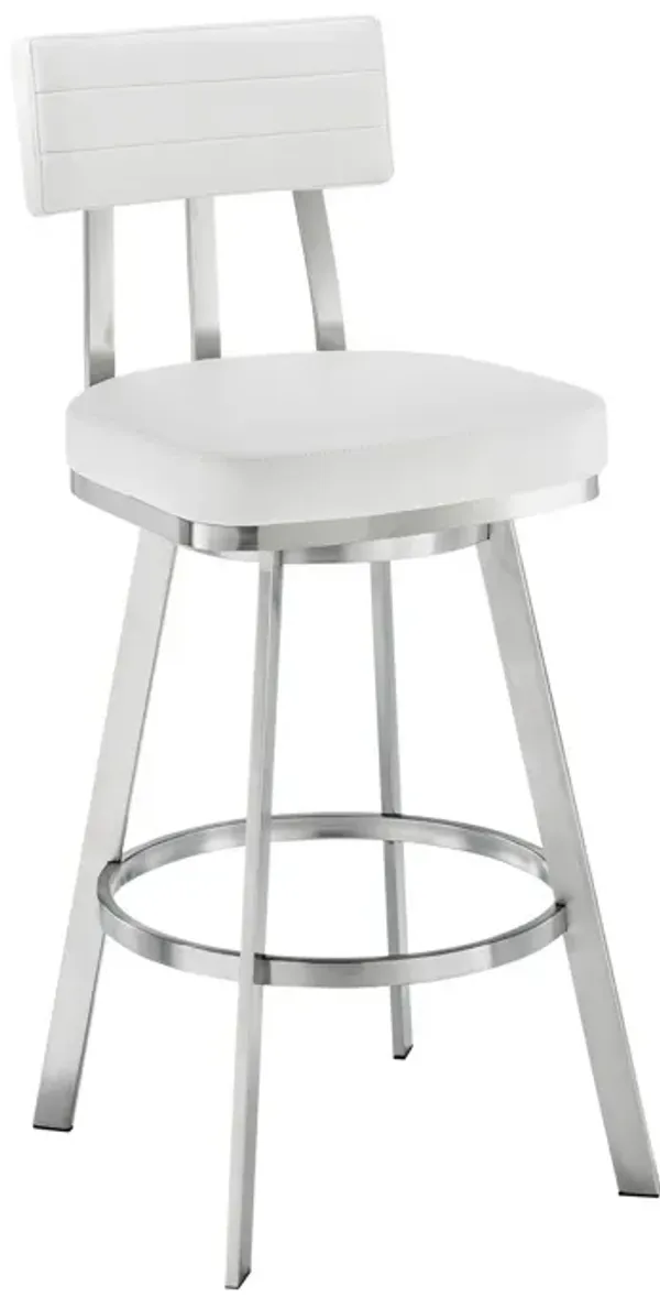 Col 26 Inch Swivel Counter Stool, White Faux Leather, Stainless Steel Frame - Benzara