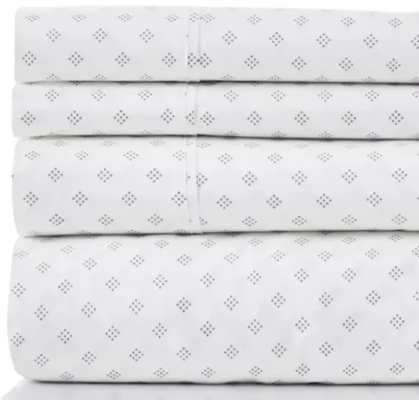 Matt 4 Piece Full Bed Sheet Set, Organic Cotton, Printed, White, Gray - Benzara
