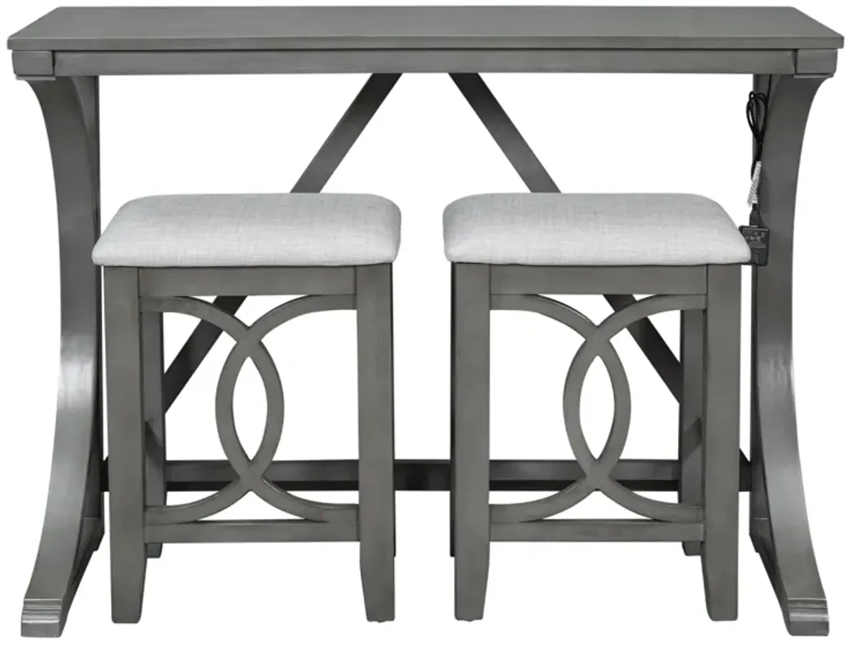 Farmhouse 3-Piece Counter Height Dining Table Set with USB Port and Upholstered Stools, Gray