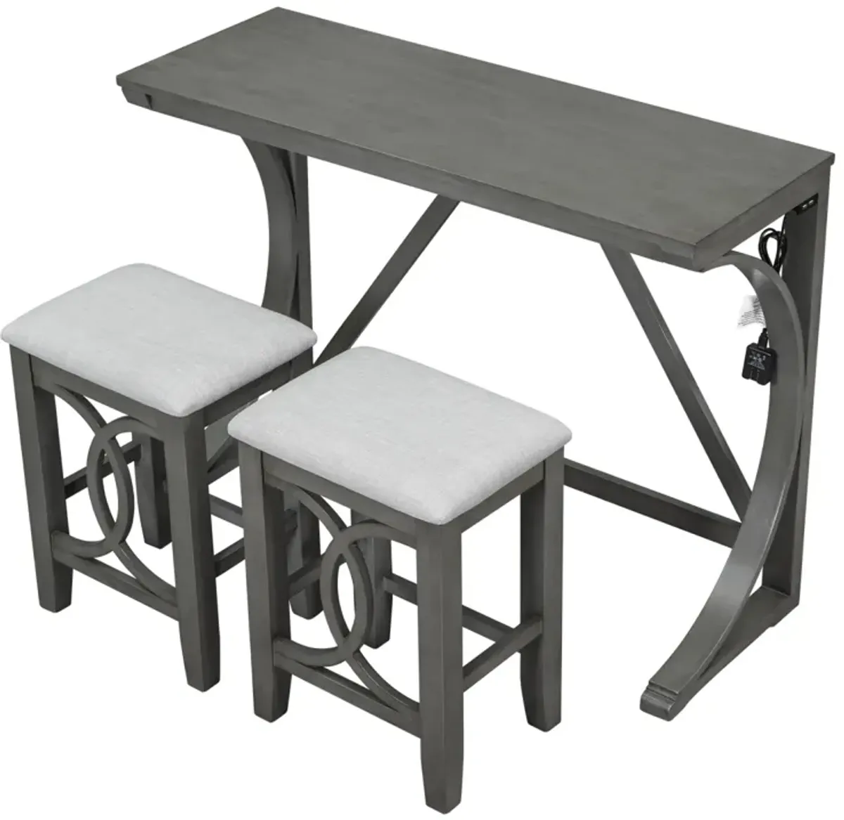 Farmhouse 3-Piece Counter Height Dining Table Set with USB Port and Upholstered Stools, Gray