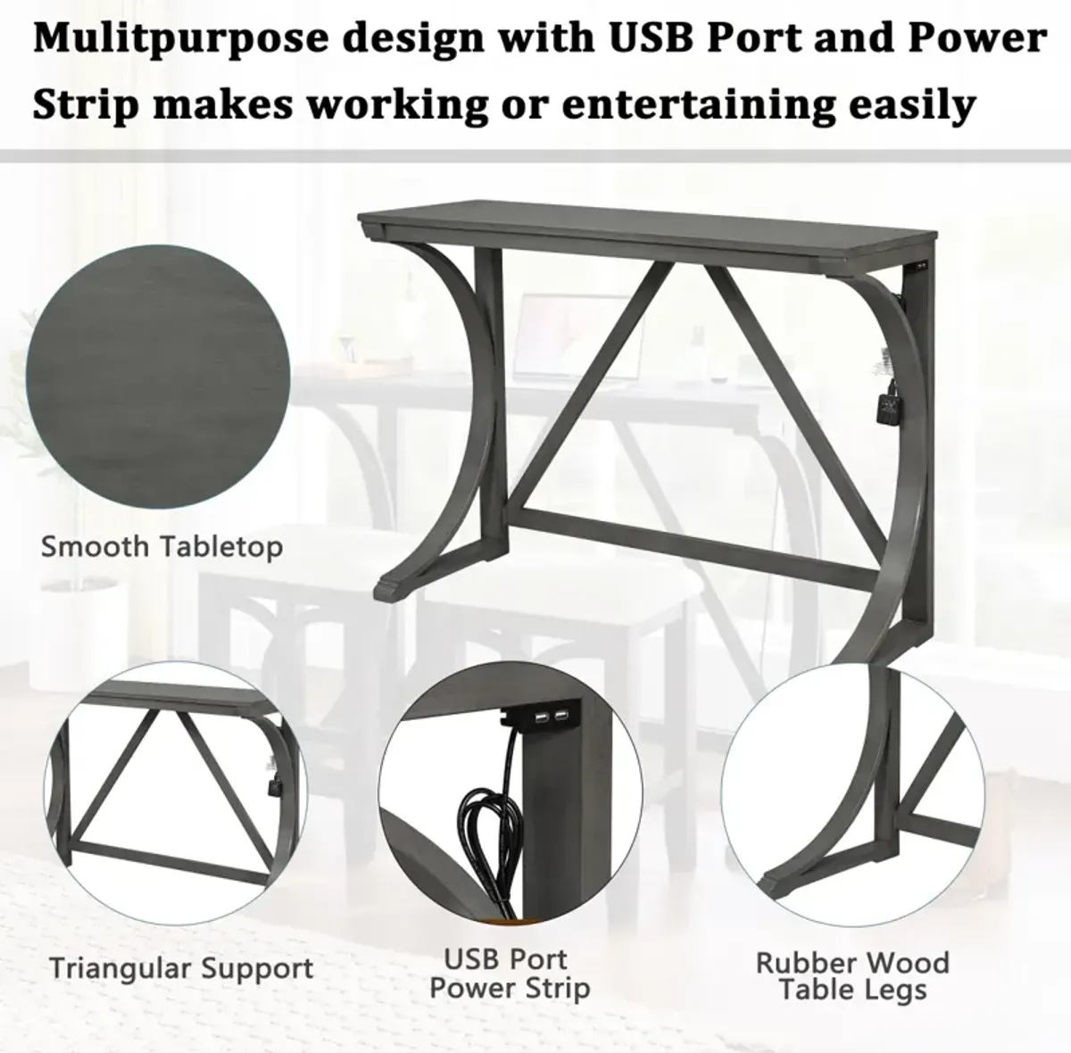 Farmhouse 3-Piece Counter Height Dining Table Set with USB Port and Upholstered Stools, Gray