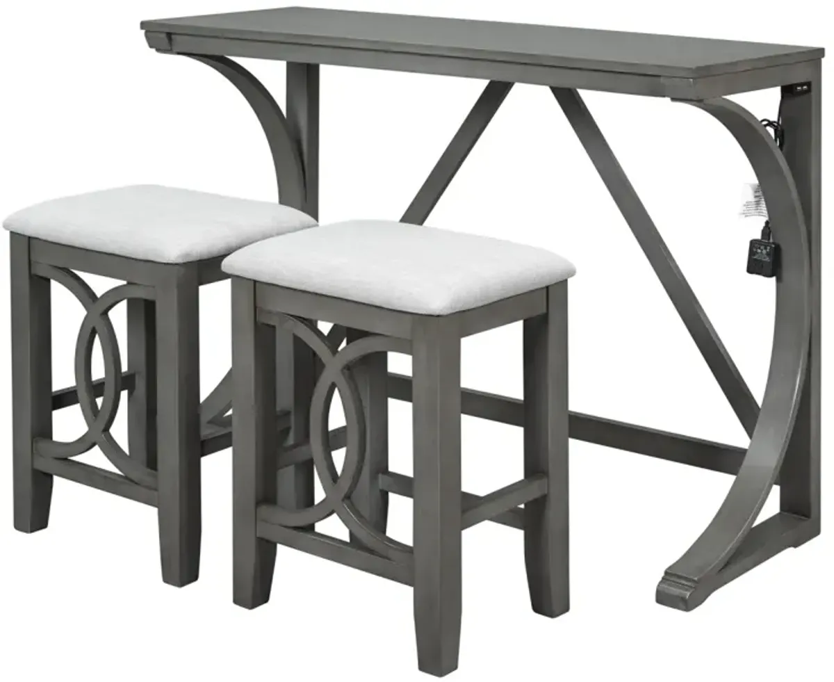 Farmhouse 3-Piece Counter Height Dining Table Set with USB Port and Upholstered Stools, Gray