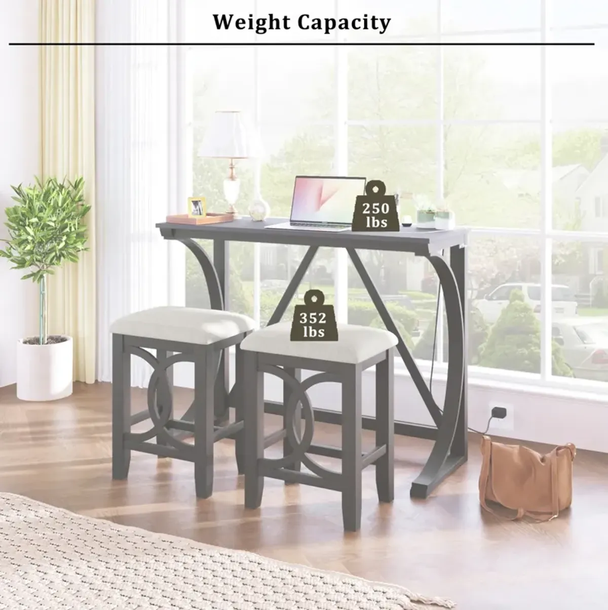 Farmhouse 3-Piece Counter Height Dining Table Set with USB Port and Upholstered Stools, Gray