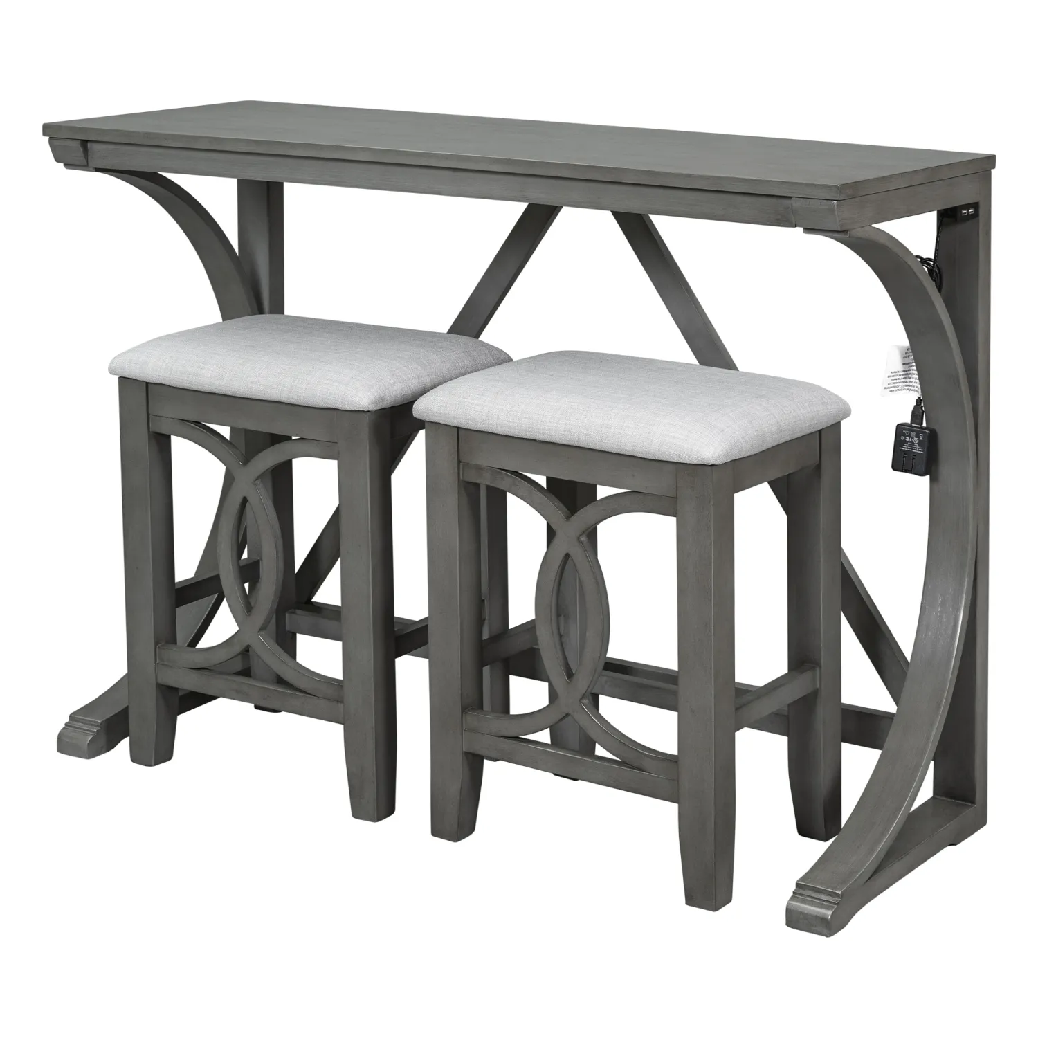 Farmhouse 3-Piece Counter Height Dining Table Set with USB Port and Upholstered Stools, Gray