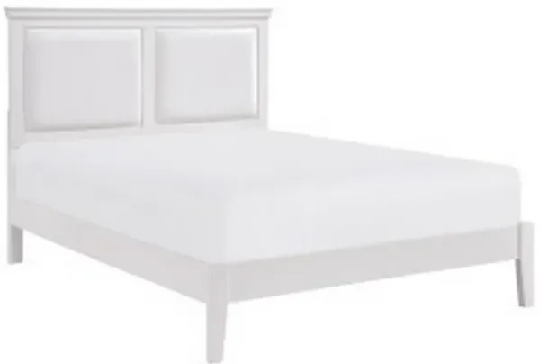 Brite Queen Size Bed, White Faux Leather Upholstered Headboard, Low Profile - Benzara