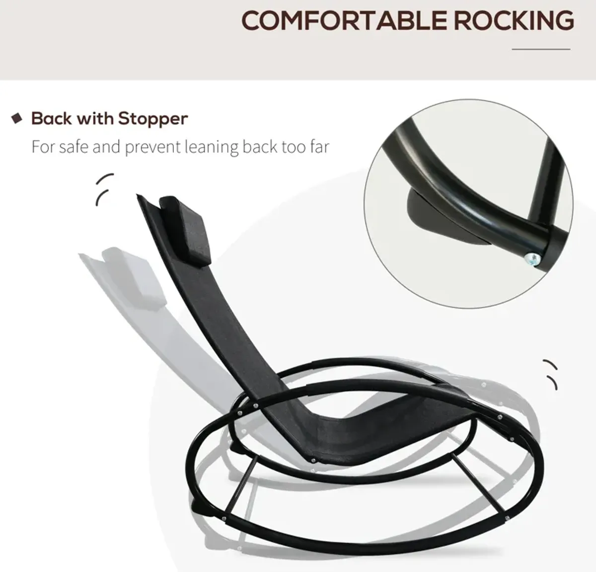 Black Patio Comfort: Rocking Chaise Lounger with Headrest & Breathable Fabric