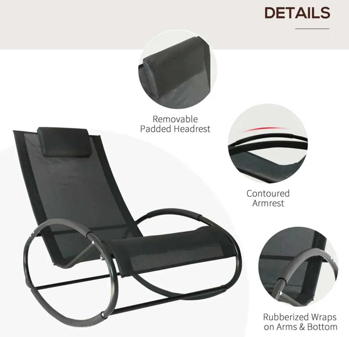 Black Patio Comfort: Rocking Chaise Lounger with Headrest & Breathable Fabric