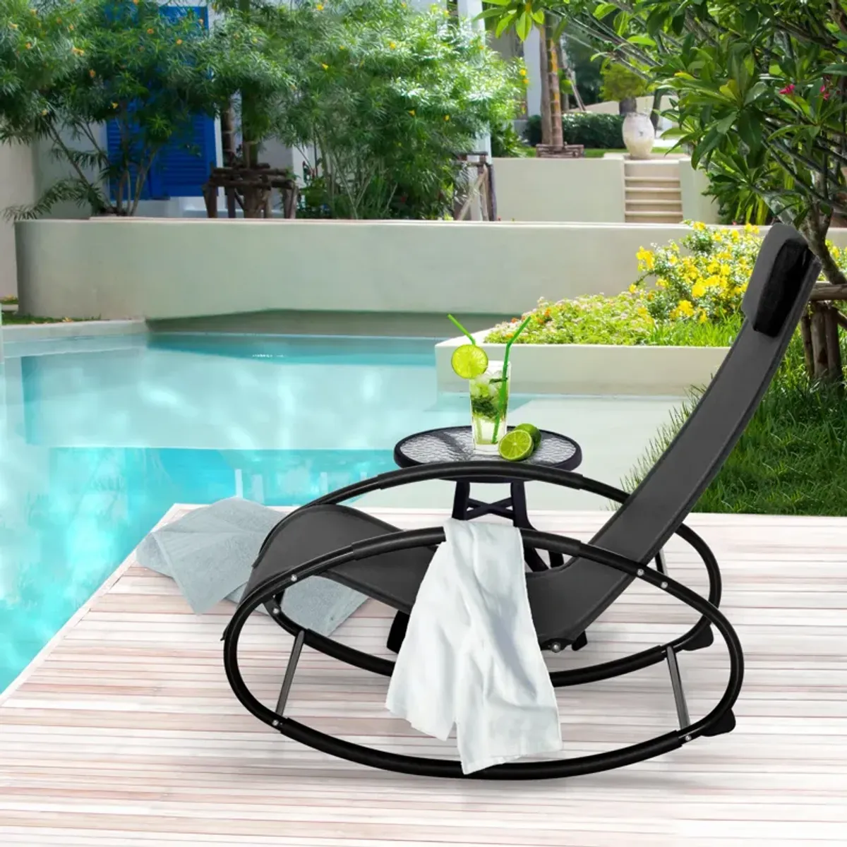 Black Patio Comfort: Rocking Chaise Lounger with Headrest & Breathable Fabric