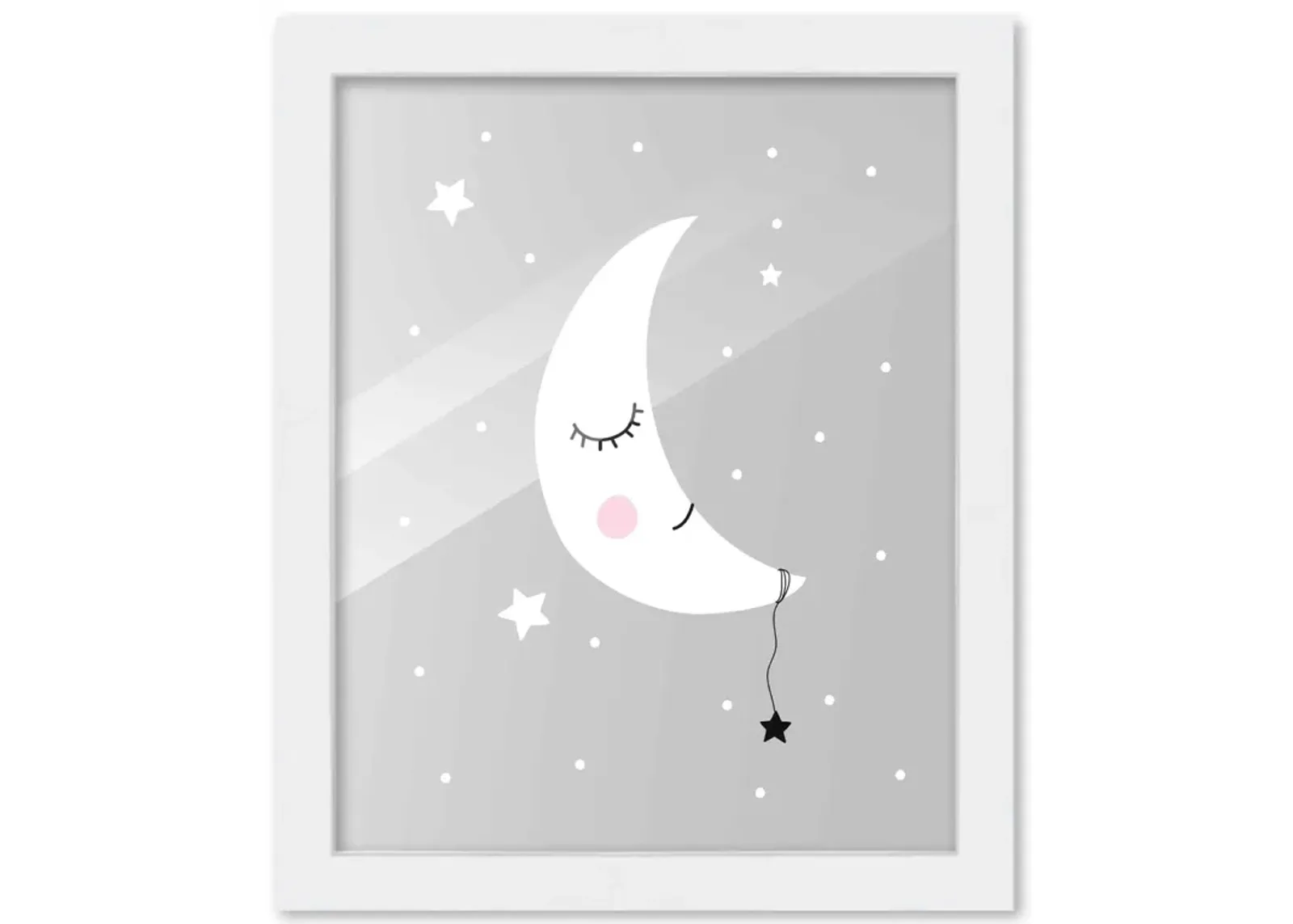 8x10 Framed Nursery Wall Art Hand Drawn Sleepy Moon Poster in White Wood Frame For Kid Bedroom or Playroom