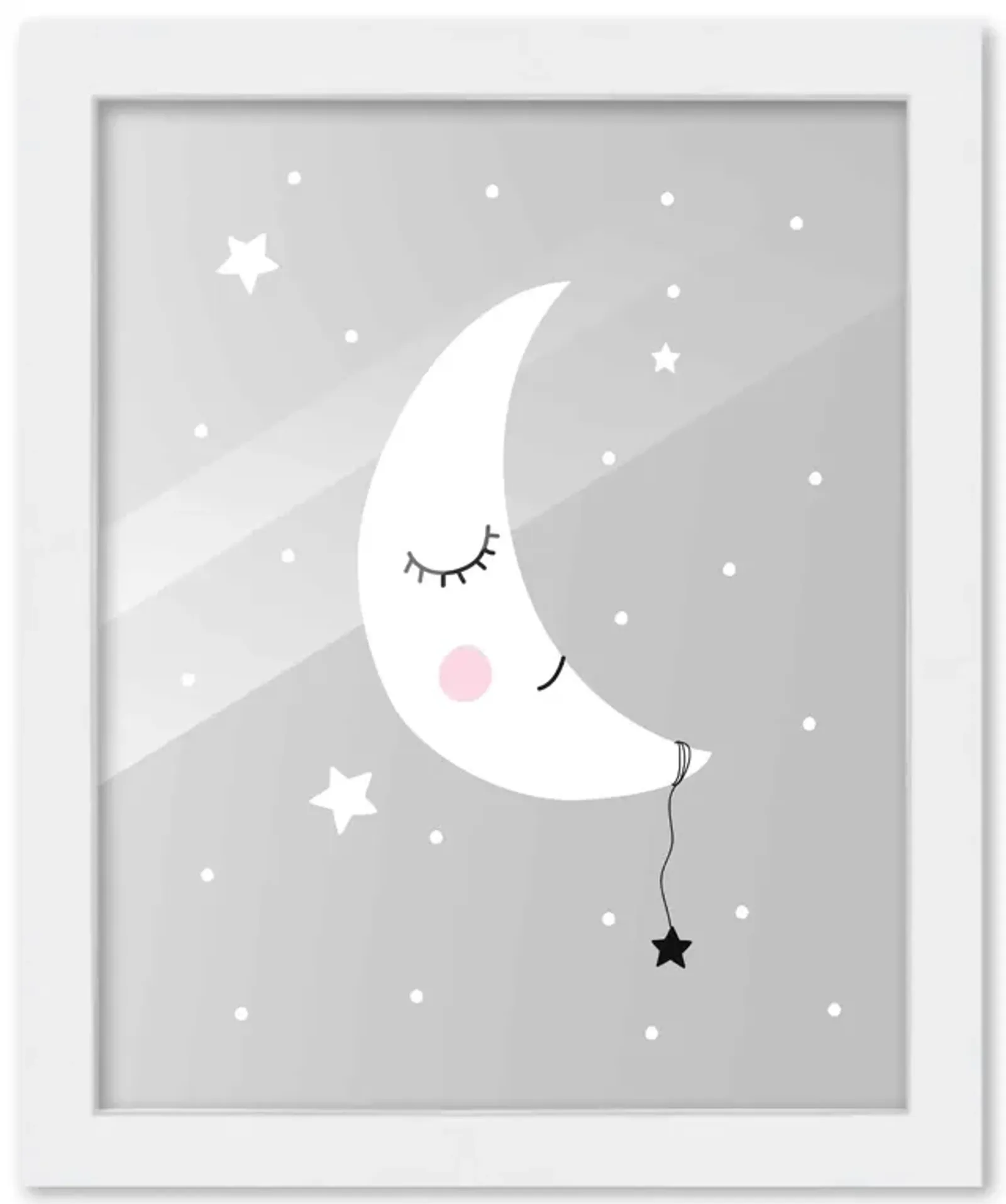 8x10 Framed Nursery Wall Art Hand Drawn Sleepy Moon Poster in White Wood Frame For Kid Bedroom or Playroom