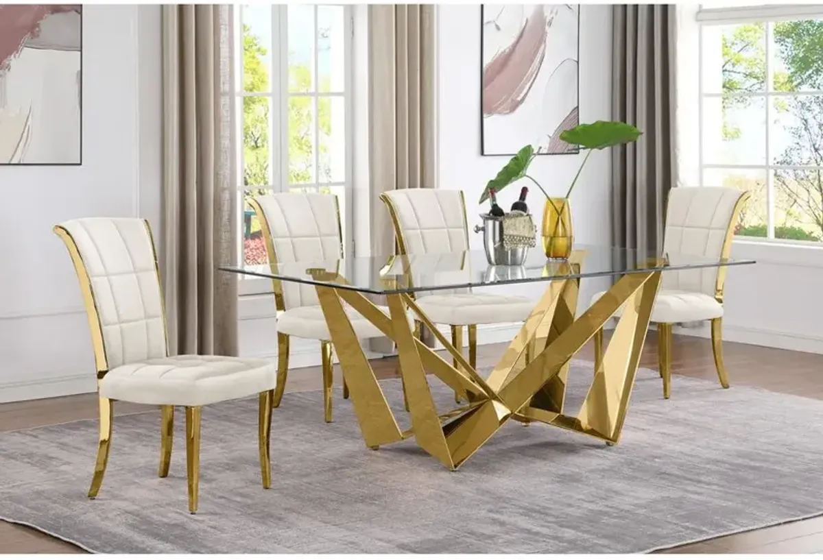 5pc Small(78") glass dining set with gold base and 6 Cream side chairs
