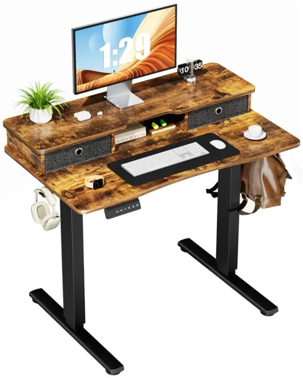 Home Office Height Adjustable Electric Standing Desk With Storage Shelf Double Drawer