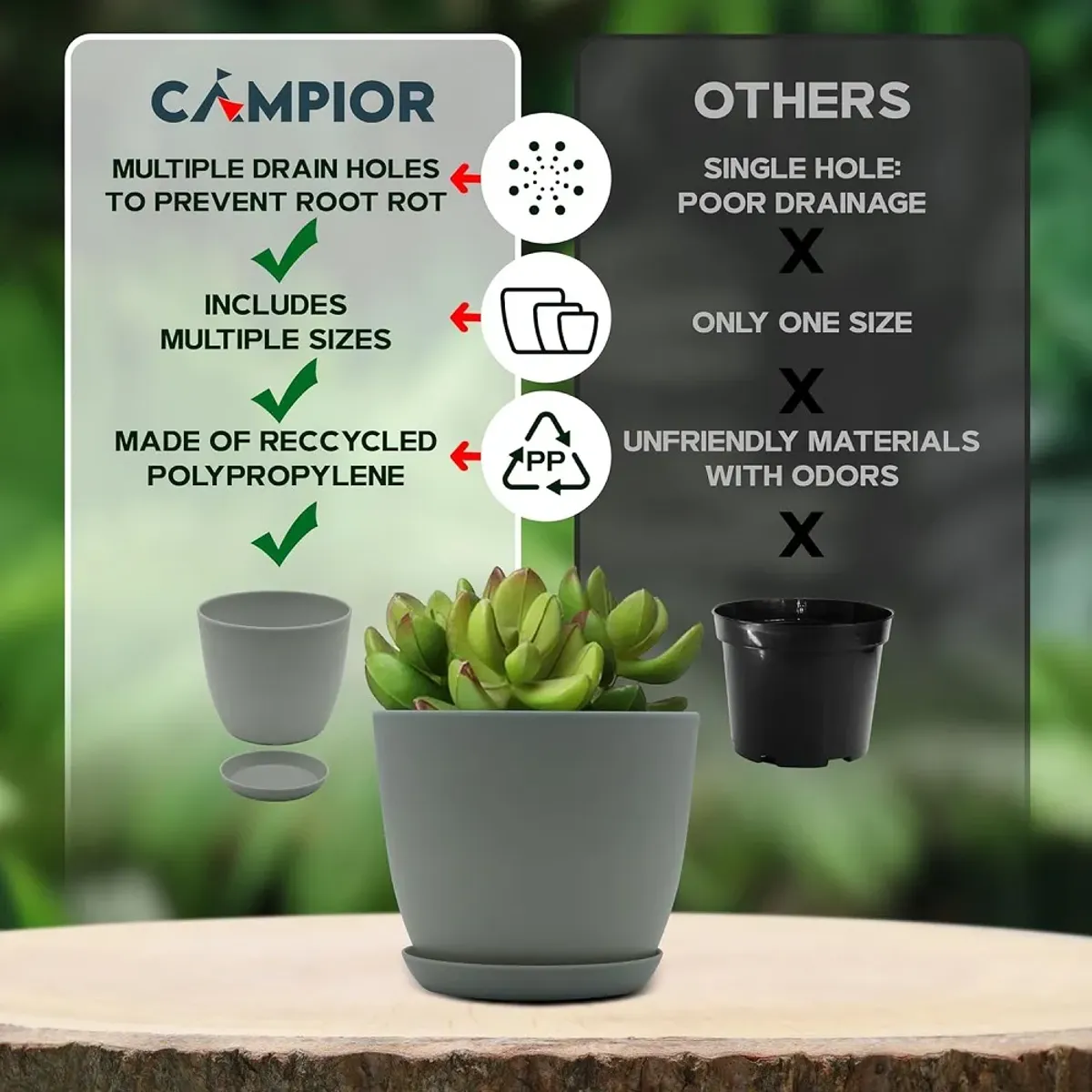 Campior Plastic Plant Pots with Drainage - Home Decor Flower Pot, Stackable Design for Indoor and Outdoor Use, Lightweight and Sturdy, Space-Saving, (7”, 6.6”, 6”, 5.3”, 4.8” Inches), Pack of 10, Gray