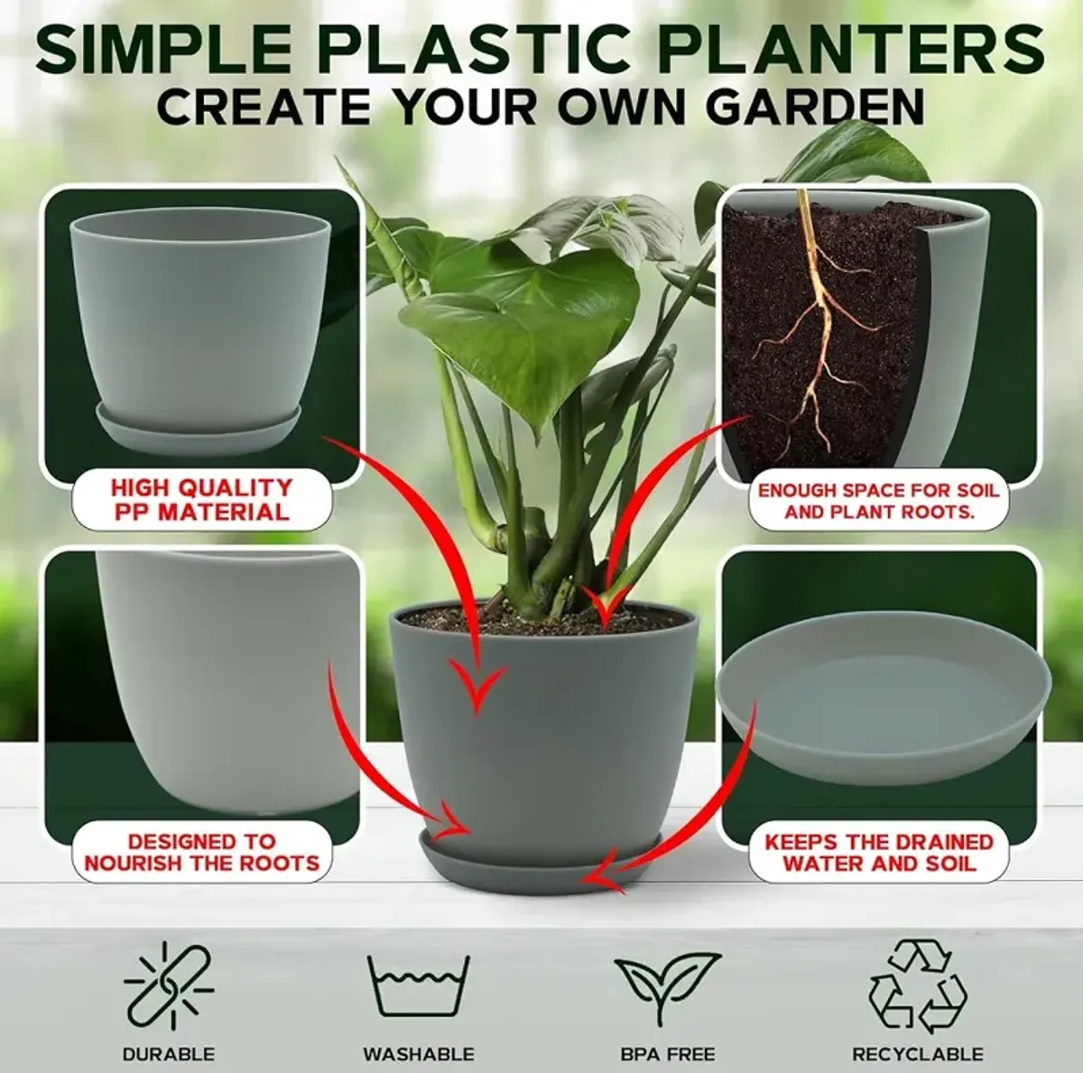 Campior Plastic Plant Pots with Drainage - Home Decor Flower Pot, Stackable Design for Indoor and Outdoor Use, Lightweight and Sturdy, Space-Saving, (7”, 6.6”, 6”, 5.3”, 4.8” Inches), Pack of 10, Gray