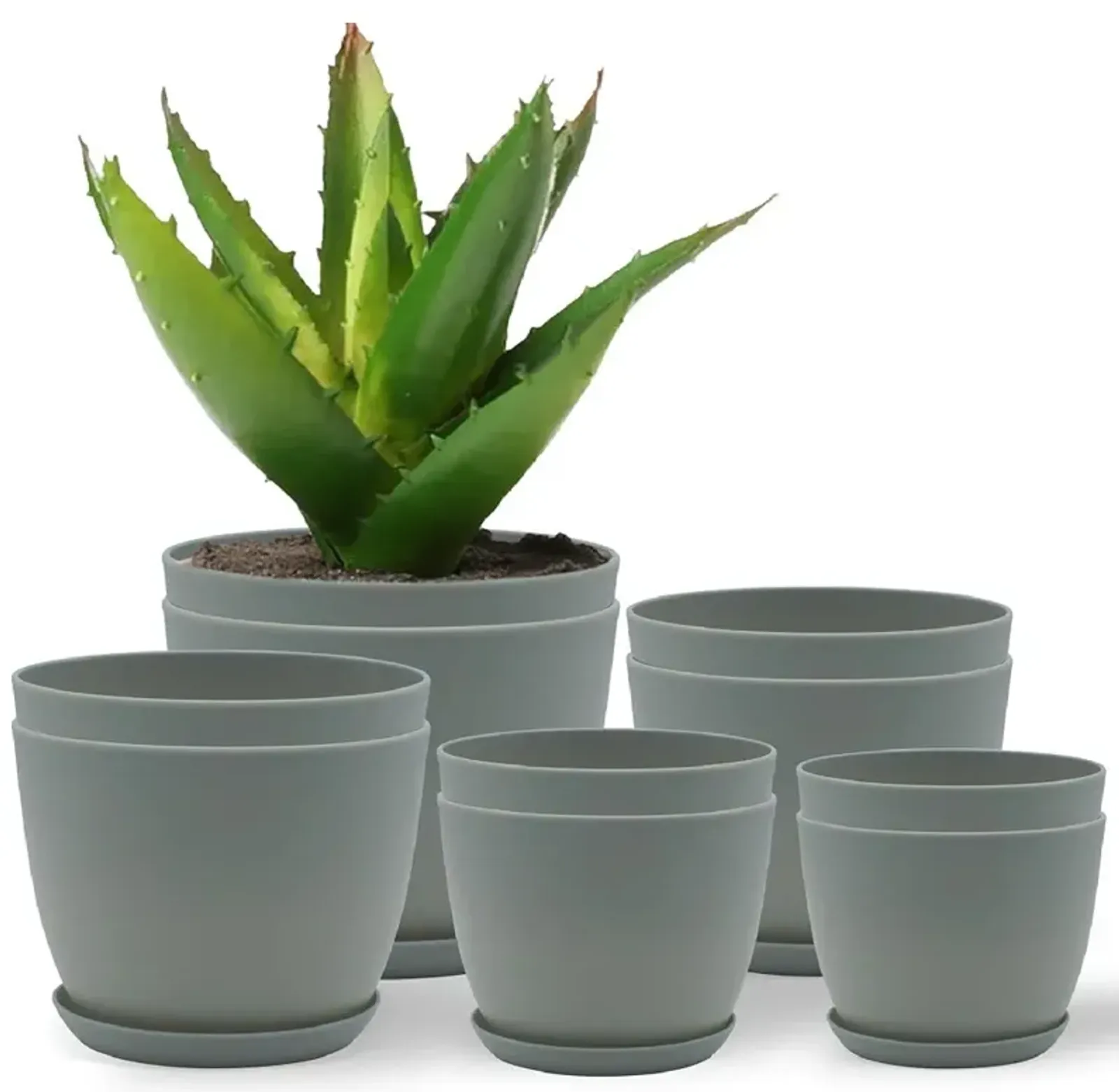 Campior Plastic Plant Pots with Drainage - Home Decor Flower Pot, Stackable Design for Indoor and Outdoor Use, Lightweight and Sturdy, Space-Saving, (7”, 6.6”, 6”, 5.3”, 4.8” Inches), Pack of 10, Gray