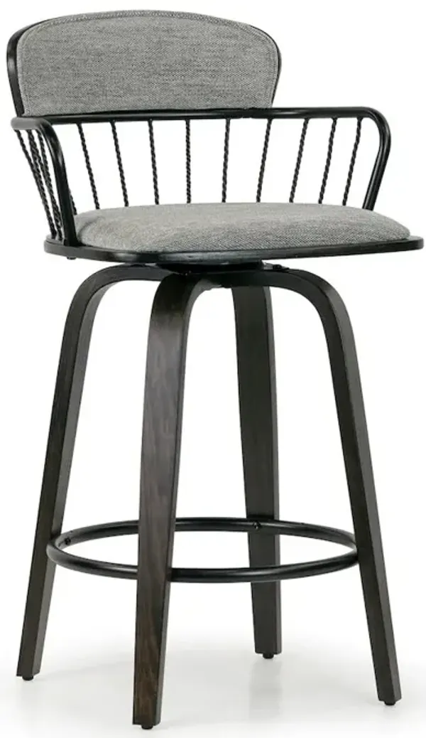Glamour Home Set of 2 Baker Gray Fabric Counter Stool with Black Iron Back and Wood Legs