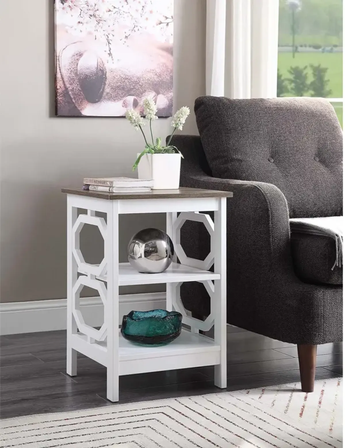 Convenience Concepts Omega End Table with Shelves, Driftwood Top/White, 15.75 in x 15.75 in x 23.75 in