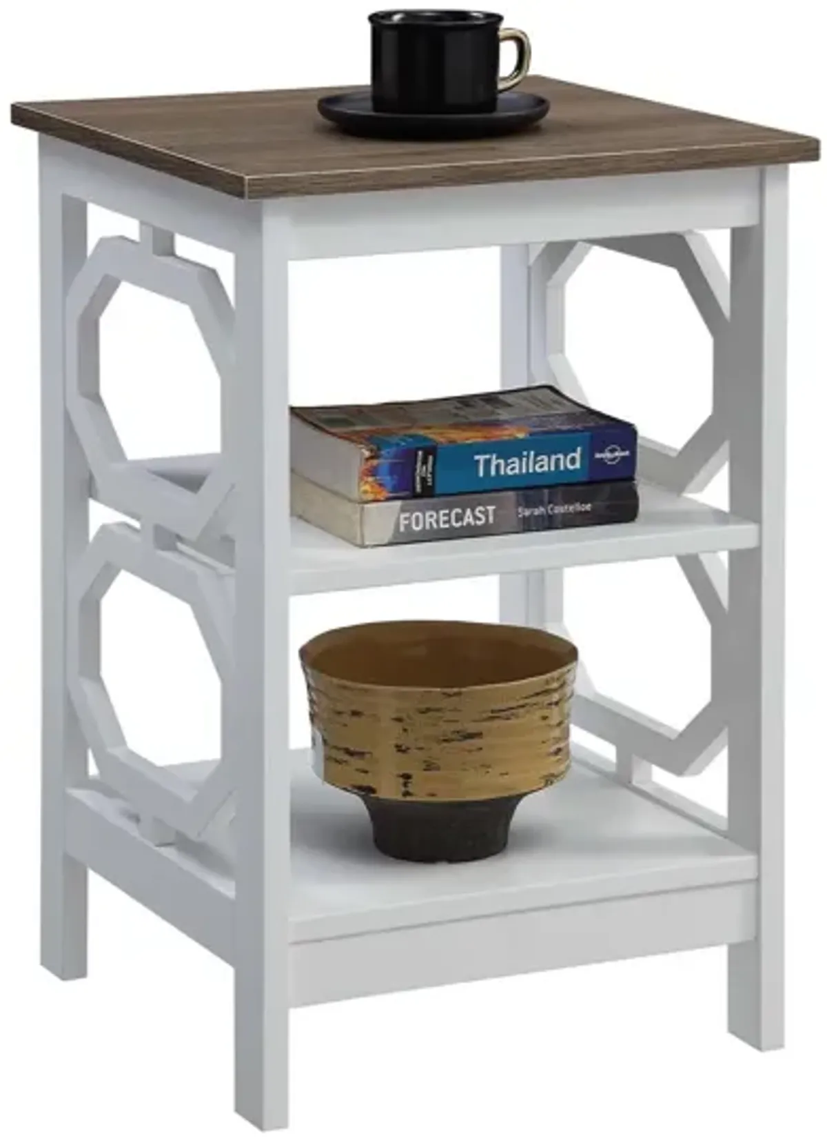 Convenience Concepts Omega End Table with Shelves, Driftwood Top/White, 15.75 in x 15.75 in x 23.75 in