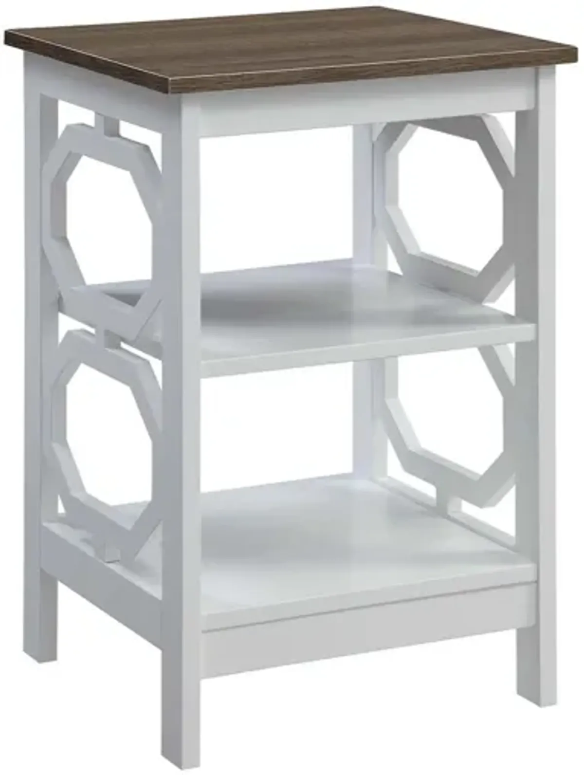 Convenience Concepts Omega End Table with Shelves, Driftwood Top/White, 15.75 in x 15.75 in x 23.75 in