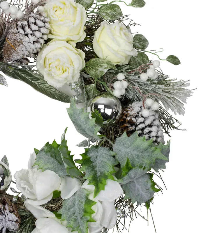 White and Silver Floral Flocked Pine Artificial Grapevine Christmas Wreath - 24-Inch  Unlit